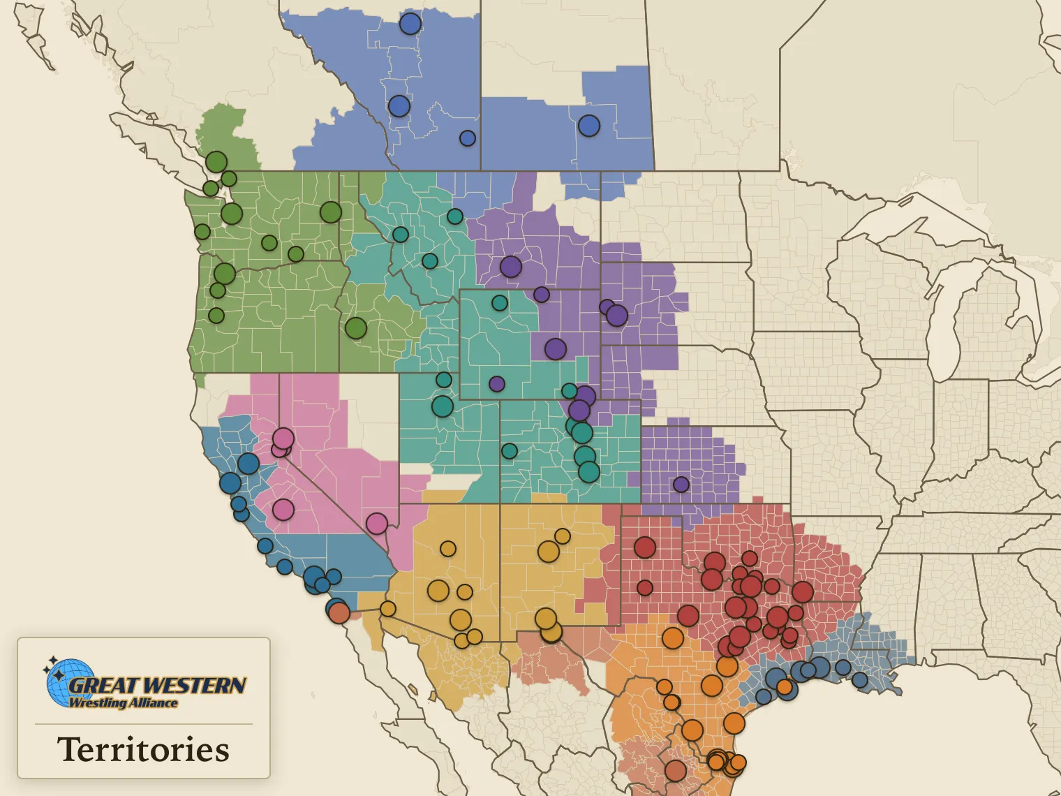 The GWA at its greatest extent in 1978, eleven territories from Alberta to the Rio Grande